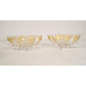 Pair Of Baccarat Crystal Ice Cream Cups With Gilding And Flower Bouquets, 19th Century