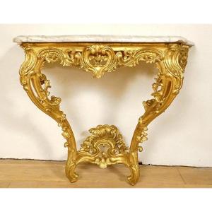 Console Louis XV Bois Sculpté Doré Rocaille Coquilles Marbre Blanc XVIIIème