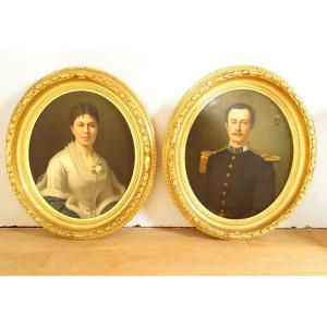 Pair Hst Portraits Of The Marquis De Bellevue's Wife Uniform F. Birotheau 19th Century