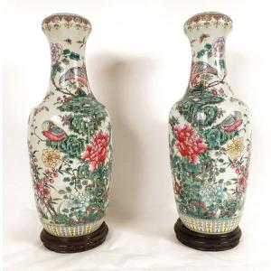 Paire Vases Balustres Porcelaine Chinoise Oiseaux Pivoines Qianlong Fin 19è