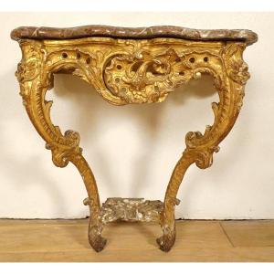 Console Louis XV Bois Sculpté Doré Rocaille Coquille Marbre XVIIIème Siècle