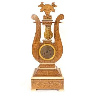 Pendule Lyre Charles X Marqueterie Palissandre Bronze Napoléon III XIXème