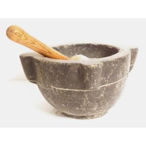 Large Apothecary Mortar With Ears Grey Marble Alabaster Pestle 18th Century