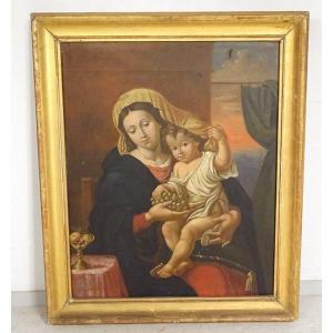 Hst Painting Virgin Child Jesus Madonna Bunch Of Grapes By Ap. Mignard 19th Century