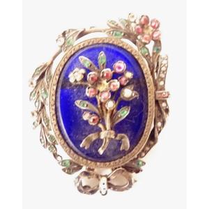 Broche Bijou Argent émail Bleu Fleurs Noeud Perles Napoléon III XIXè Siècle