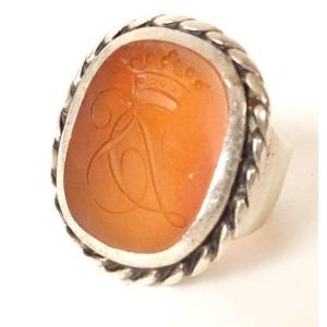 Bague Intaille Cornaline Monogramme Couronne Argent Massif XIXème Siècle