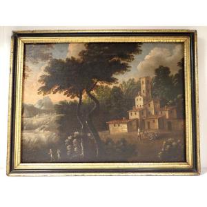 Large Hst Countryside Landscape Village Characters Italian School 18th Century