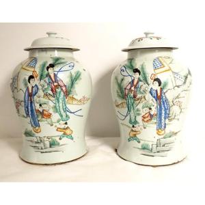 Paire Pots Couverts Potiches Porcelaine Chinoise Femmes Poèmes Fin XIXème