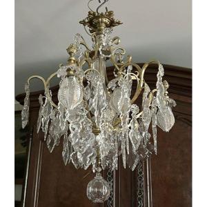 6-light Cage Chandelier Gilded Bronze Cut Crystal Flower Tassels 19th Century