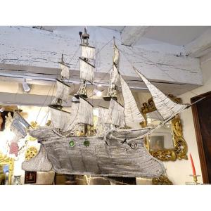 Chandelier Boat Crystal Pearl Three-masted Sailing Ship Flag France 19th Century