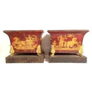 Pair Of Empire Planters Painted Sheet Metal Gilding Gods Mythological Chariots 19th Century