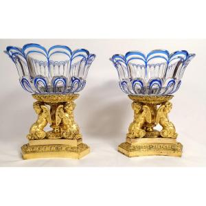 Pair Of Center Table Cups Signed Thomire Gilt Bronze Cherubs Crystal 19th Century