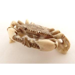 Netsuke Katabori Crabe Miniature Ivoire Sculpté Japon Signé Meiji XIXème