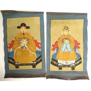 Paire Petites Peintures Chine Portraits Couple Ancêtres Dignitaire XIXème