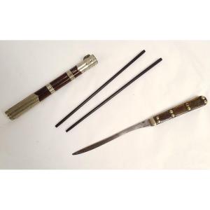 Travel Kit Chopsticks Knife Case Wood Metal Japan Meiji 19th Century