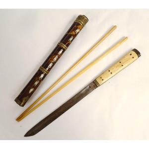 Travel Kit Chopsticks Knife Metal Marquetry Japan Meiji 19th Century