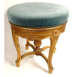 Tabouret De Piano Louis XV Bois Sculpté Doré Fleurs Fin XIXème Siècle