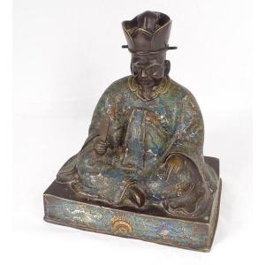 Sculpture Bronze émaux Cloisonnés Homme Sage Assis Japon XIXème