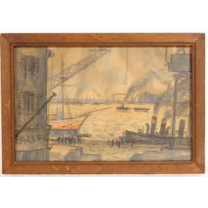 Watercolor Louis Robert Antral View Port Boats Le Havre Normandy 20th Century