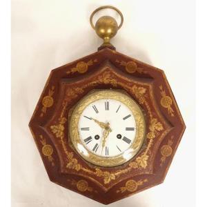 Charles X Clock, Octagonal Bull's Eye, Painted Sheet Metal, Gilding, Vine, 19th Century