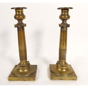 Pair Of Louis XVI Candlesticks Bronze Flambeaux Column Ionic Capital 18th Century