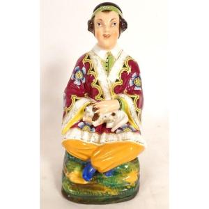 Bayeux Porcelain Bottle Chinese Magot Seated Woman Dog Langlois 19th Century