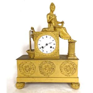 Empire Clock Gilt Bronze Young Woman Shepherdess Fountain Dolphin Flowers 19th Century