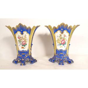 Paire Vases Porcelaine Paris Polychrome Fleurs Louis-philippe XIXème Siècle