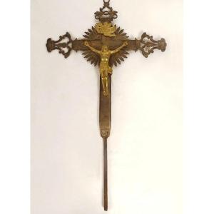 Croix de Procession Crucifix Christ Vierge Bronze Doré Argenté XIXè Siècle