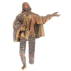 Santon Napolitain Crèche Terre Papier Mâché Homme Mendiant Sculpture XIXème