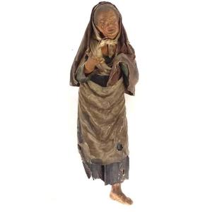 Neapolitan Santon Crib Earth Paper Mache Old Woman Beggar 19th Century