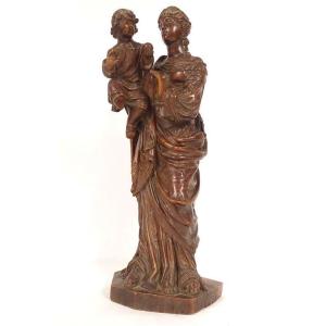 Sculpture Statue Vierge à l'Enfant Jésus Buis Sculpté 40cm Fin XVIIIème