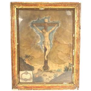 Aquarelle Crucifixion Christ Attributs Passion Serpent Jérusalem 1821 XIXè