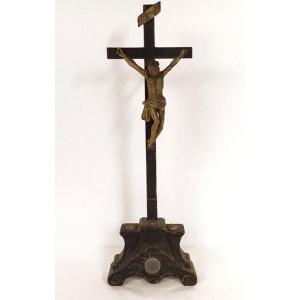 Crucifix Christ Cross Blackened Polychrome Wood Reliquary 18th Century