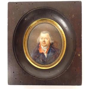 Painted Miniature Portrait Man Gentleman Noble Empire Wooden Frame 19th Century