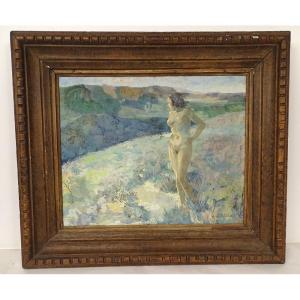 Hsc Painting André Laigneau De Villeneuve Nude Woman Landscape Hills 20th Century