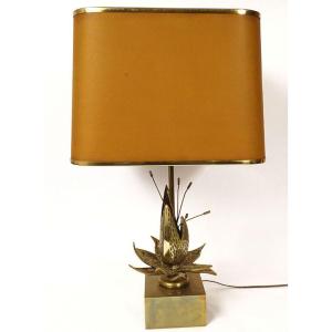 Lampe Maison Charles Bronze Doré Fleur Exotique Abat-jour Design XXè Siècle