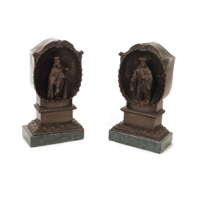 Pair Of Bronze Sculptures Characters Renaissance Navigators Alcove Nineteenth