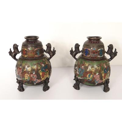 Japanese Cloisonne Vases Pair Bronze Decor Dragon Mandarin XIXth