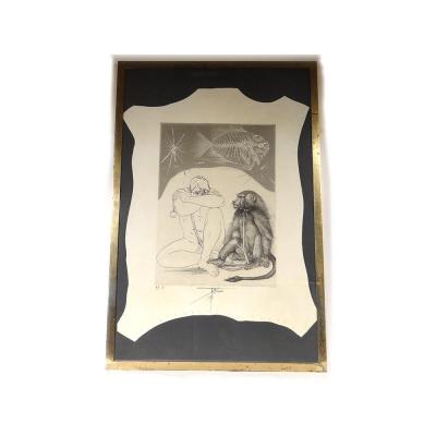 Lithograph Py. Trémois Man And Monkey Baboon Proof Artist N ° I 1970