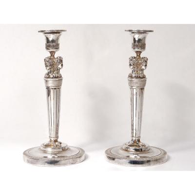 Pair Candlesticks Empire Silver Bronze Candlesticks Busts Nineteenth Antique Women