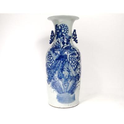 Grand Vase Balustre Porcelaine Chinoise Blanc-bleu Phoenix Paons Fleurs XIXè