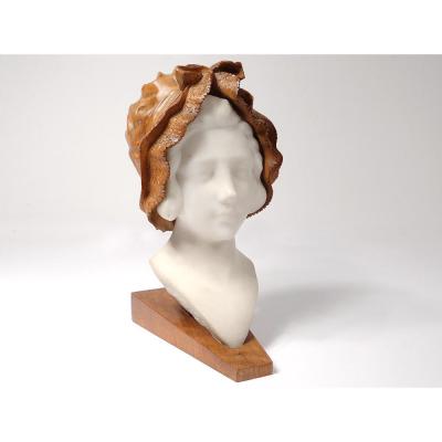 Sculpture Head Young Woman Carrara Marble Carved Wood Holland Nineteenth