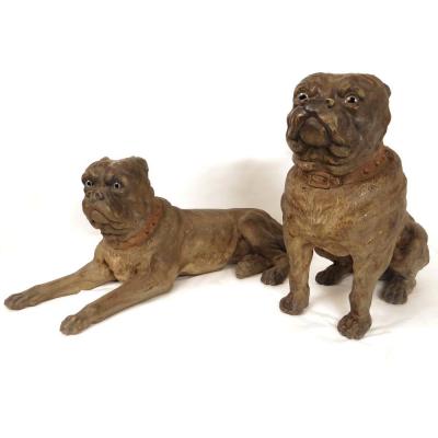 Paire Sculptures Couple Chiens Dogues Anglais Terre Cuite XIXème Siècle