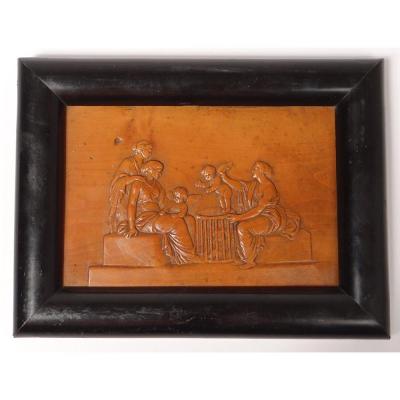 Plaque Bas-relief Buis Sculpté Femmes Antiques Angelots Jeune Enfant XIXème