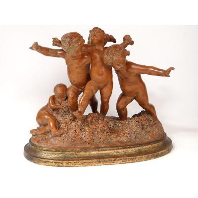 Grande Sculpture Carrier-Belleuse Terre Cuite Bacchanale Putti Dansant XIXè