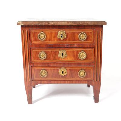 Small Commode Master Louis XVI Marquetry Satin Wood Rose Marble 18th