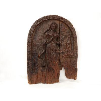 Panneau Bois Sculpté Femme Angélus Village Alsace Schalbach Clocher 15è-16è