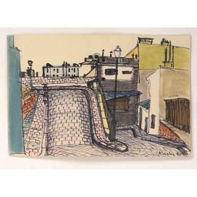 Dessin Pastel Karin Van Leyden Vue Paris Montmartre 1950 XXè