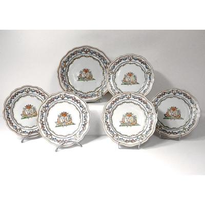 5 Assiettes 1 Plat Compagnie Indes Armoirié Visdelou Bonamour Qianlong 18è